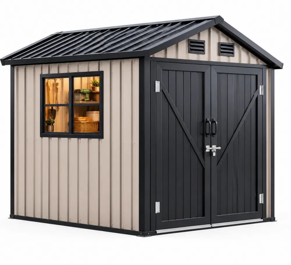 Metall Gartenschuppen mit Fenster und Doppeltür 213x130x185 cm Beige/Schwarz