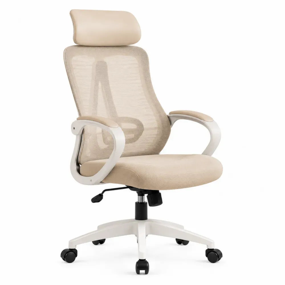 Bürostuhl Höhenverstellbar Beige Netzstoff mit Kopfstütze