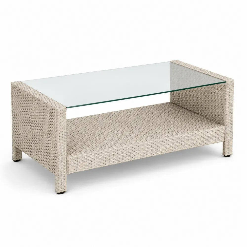 Rechteckiger Gartentisch aus Polyrattan und Glas 110x60x45 cm