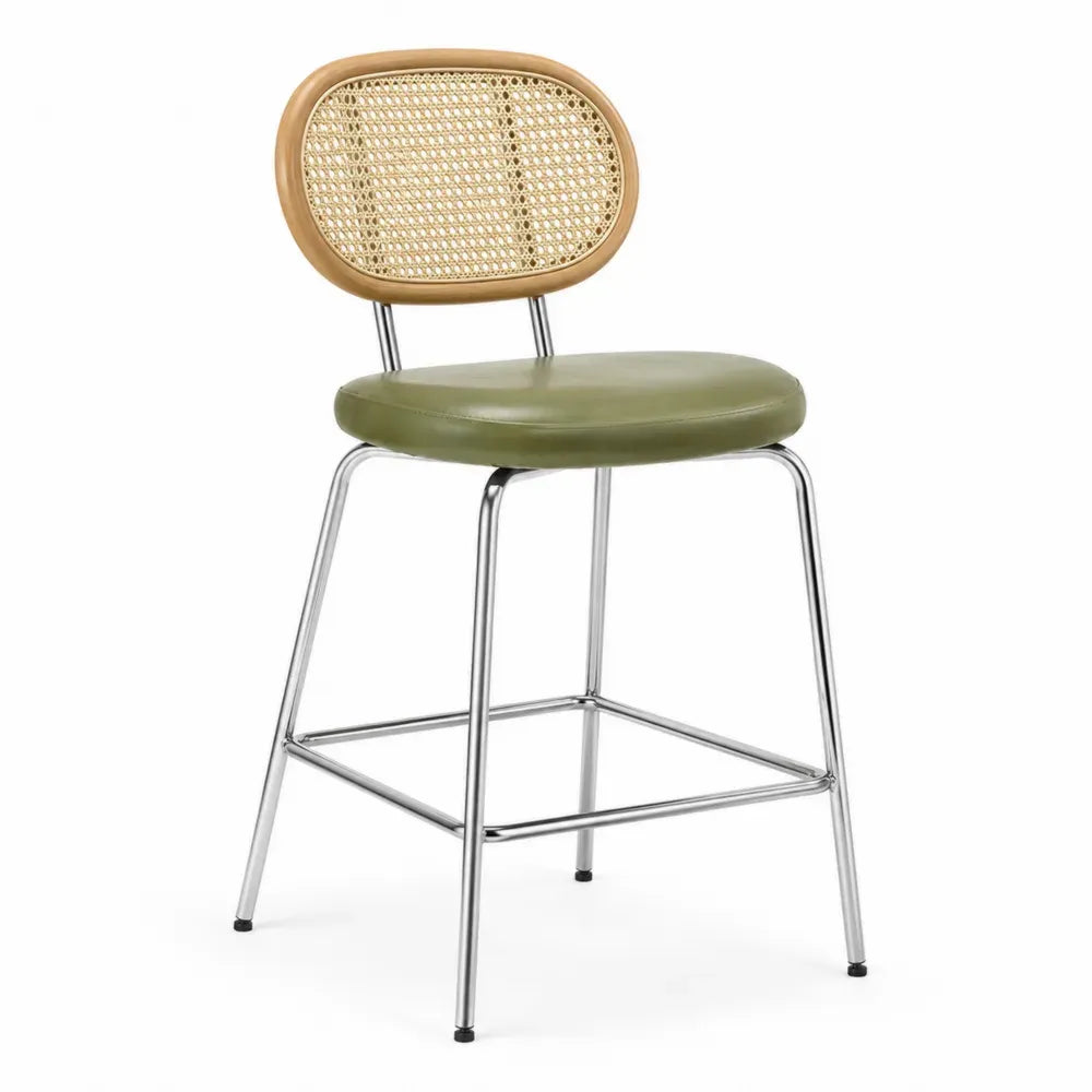 Barhocker mit grünem Kunstledersitz und Rattanlehne, Metallgestell
