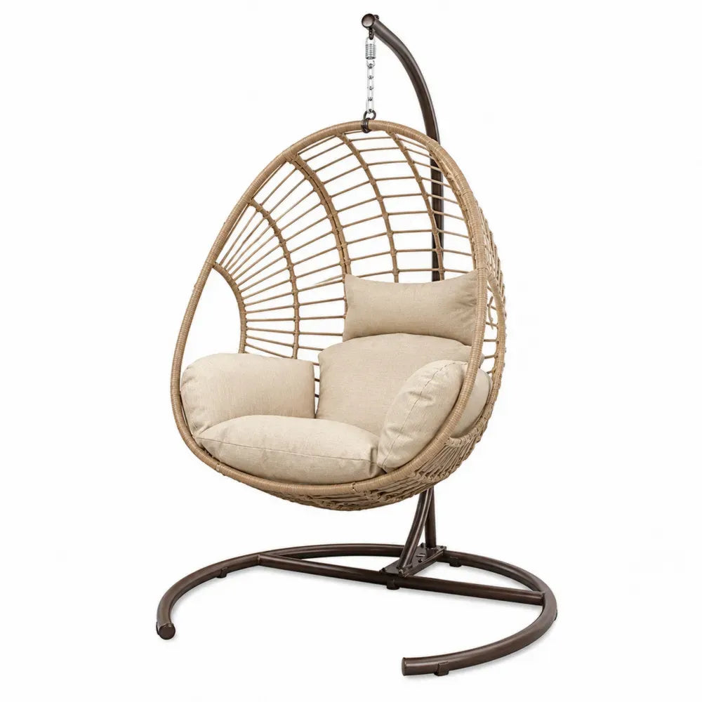 Rattan Hänsesessel mit Polyesterkissen Beige Oval Metallgestell