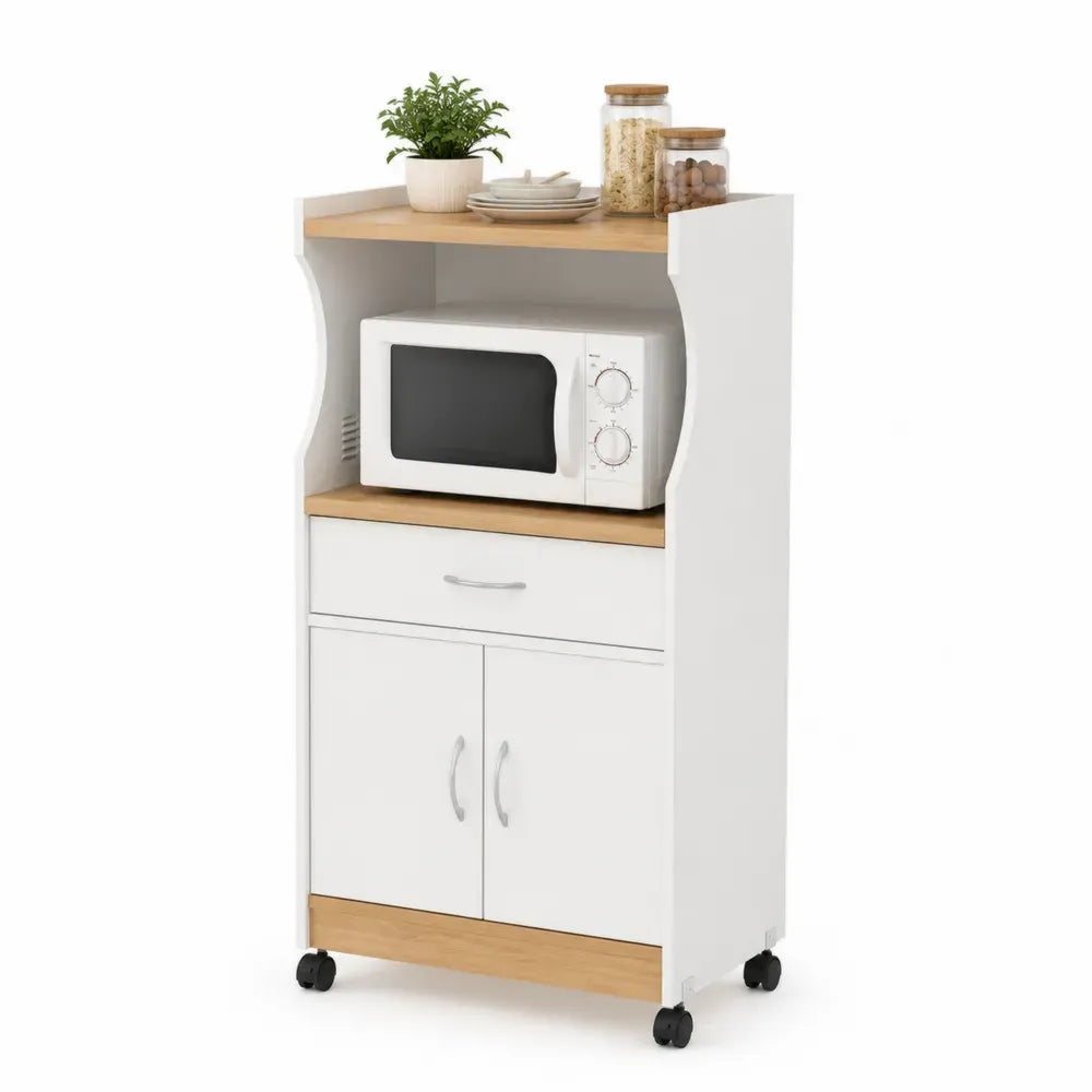 Küchenrollwagen mit Schublade und Schrank Holz Weiß/Natur