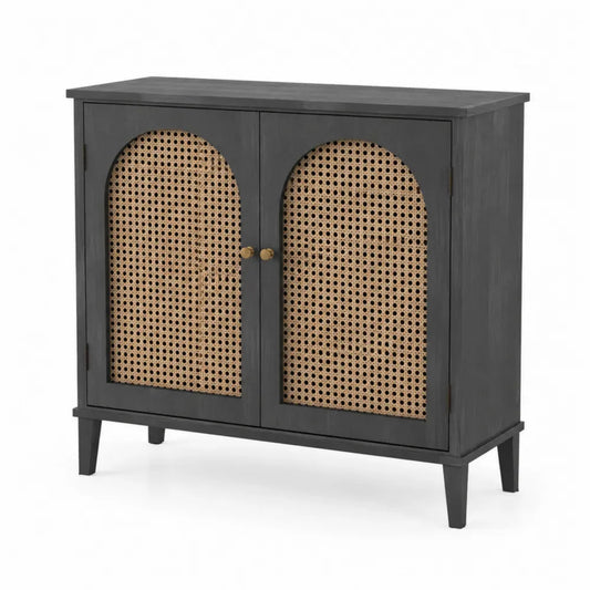 Massivholzschrank mit Rattan Schwarz/Natur 80x35x75 cm