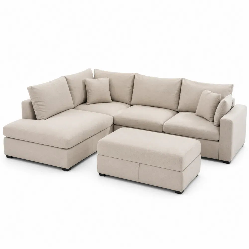 Ecksofa-Set aus Stoff Beige mit Hocker