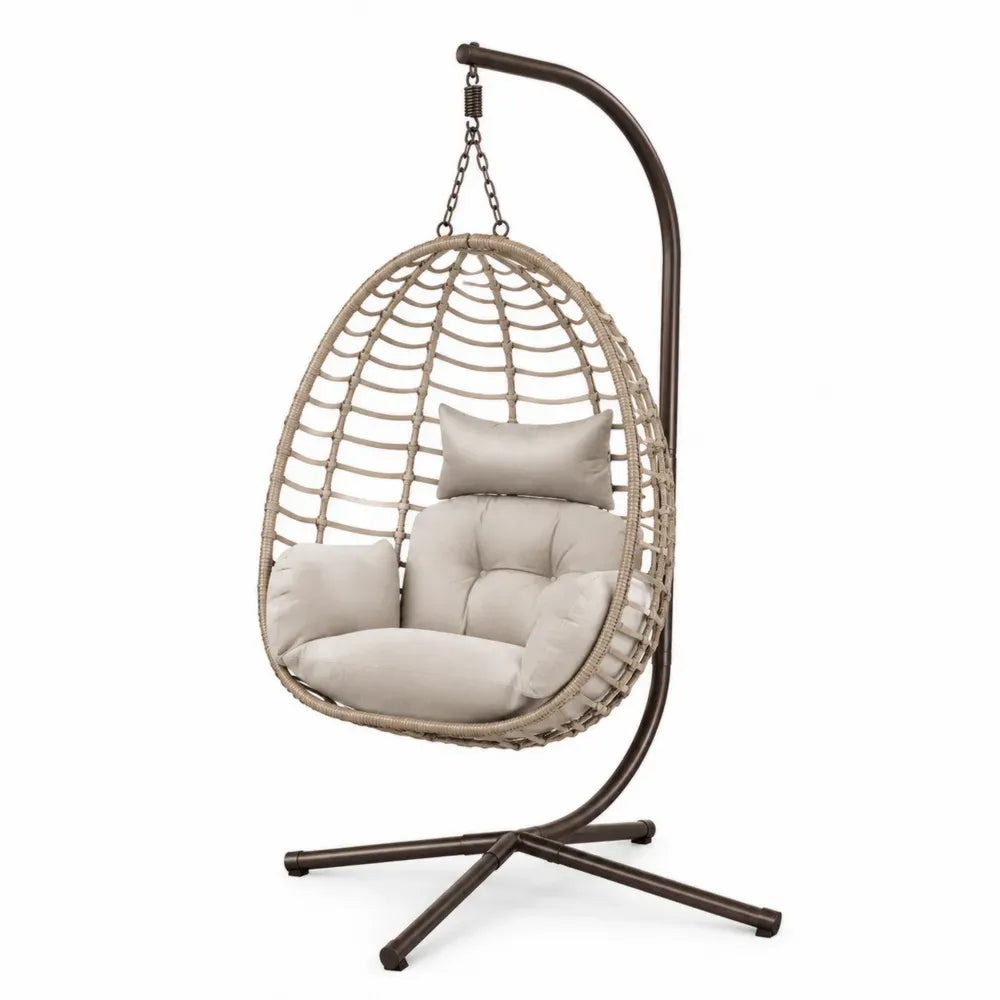 Hängesessel Beige Rattan Stahlrahmen mit Kissen