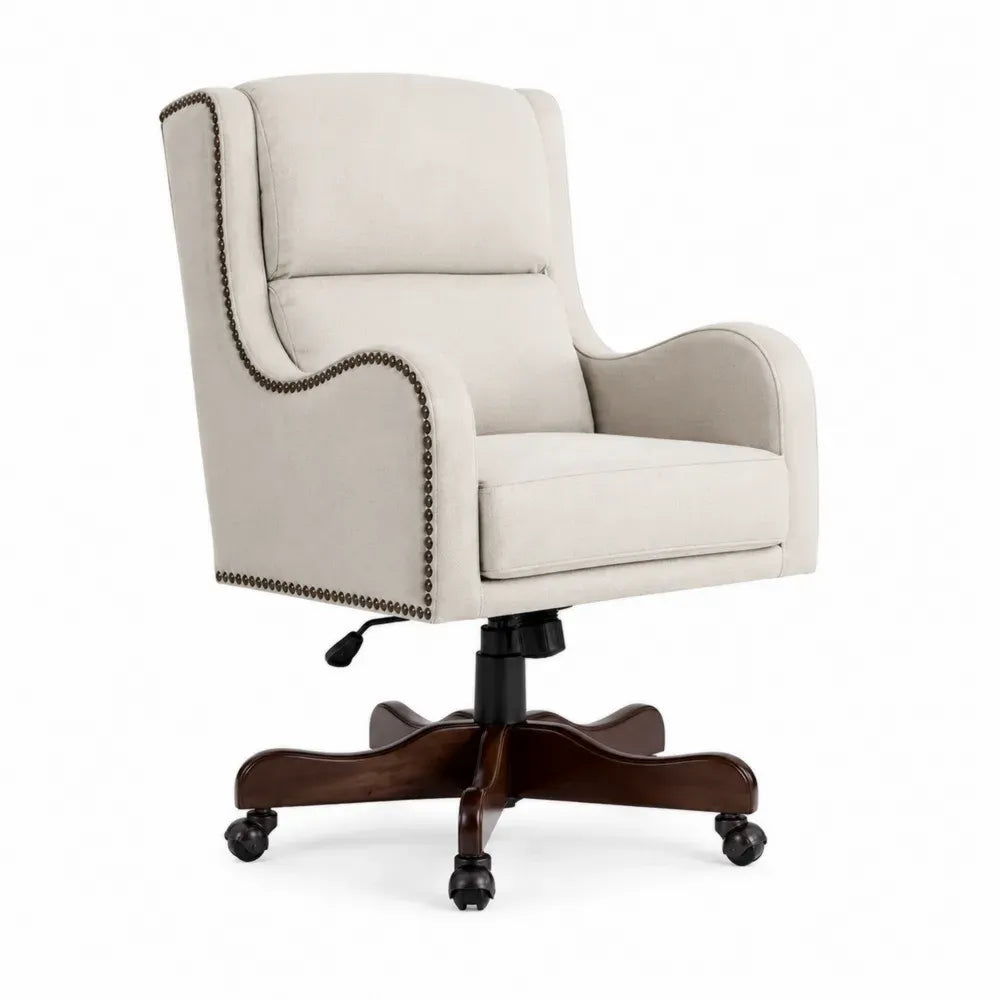 Stoff Bürostuhl Beige Massivholz Höhenverstellbar