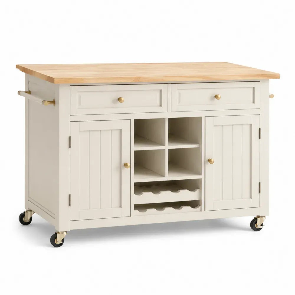 Küchenwagen aus Holz mit Schubladen und Regalen in Creme