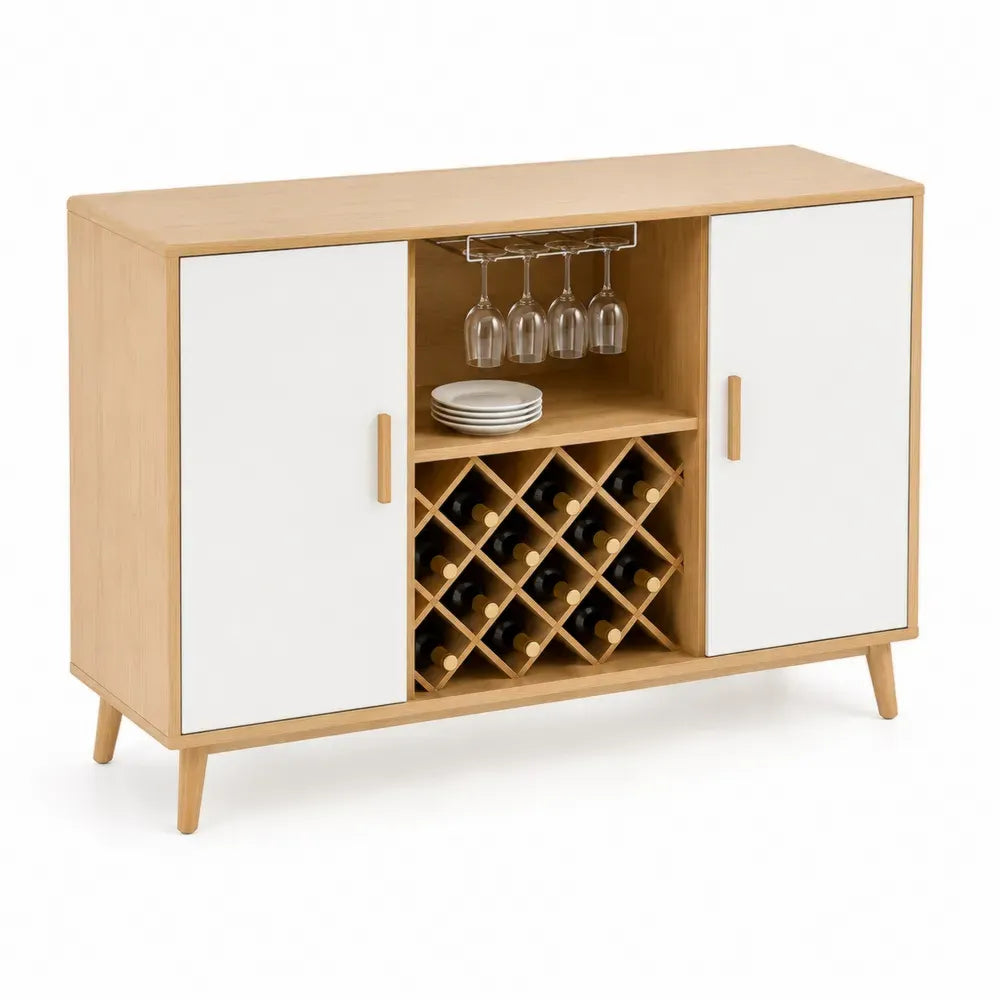 Sideboard aus Eichenholz und Weiß MDF mit Weinregal