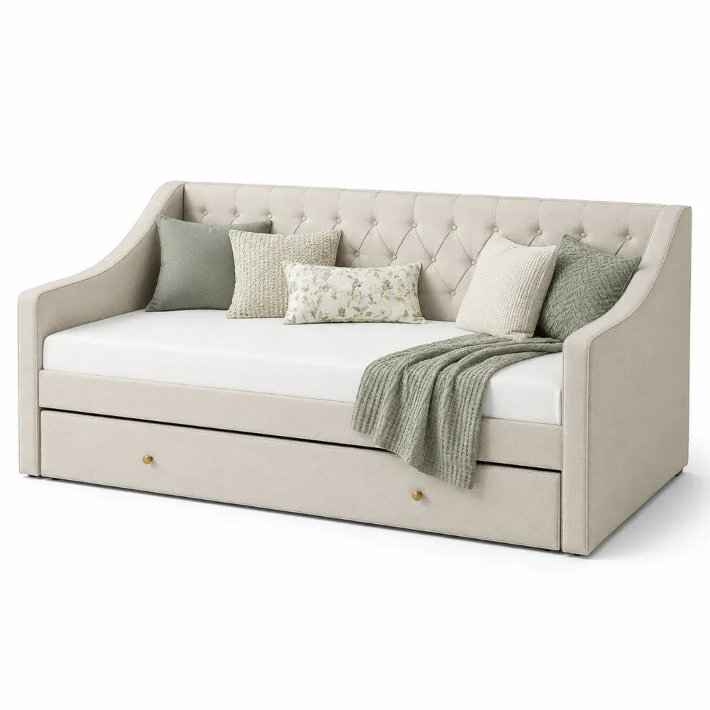Stoff-Tagesbett mit ausziehbarer Trundle in Beige 200x90cm