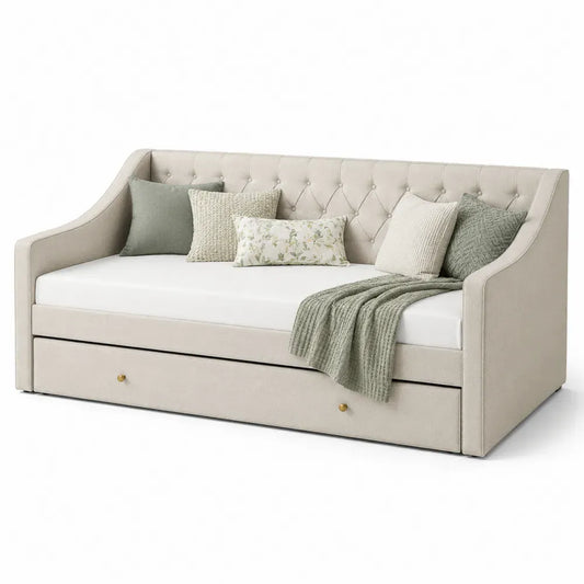 Stoff-Tagesbett mit ausziehbarer Trundle in Beige 200x90cm