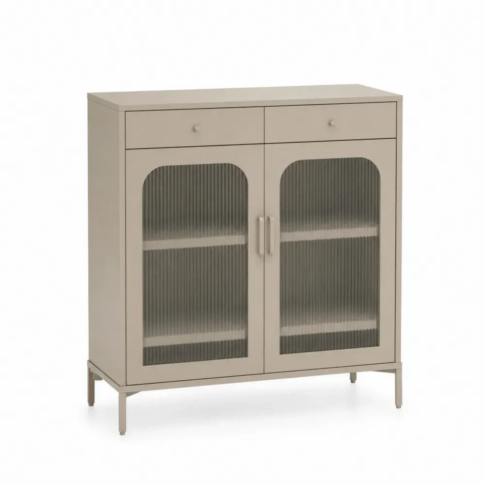Metallschrank mit gerillten Glastüren und Schubladen Beige 80x35x110 cm