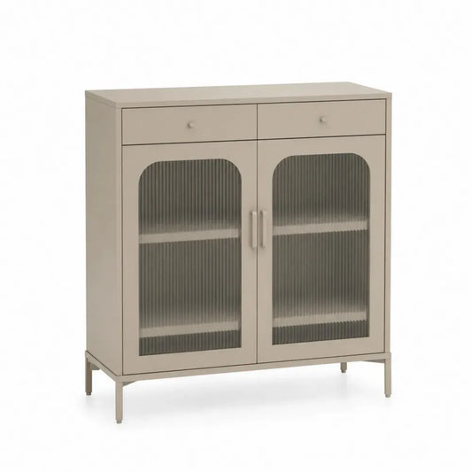 Metallschrank mit gerillten Glastüren und Schubladen Beige 80x35x110 cm