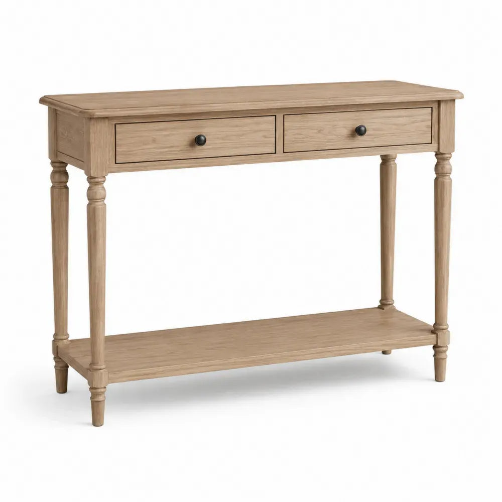 Konsolentisch aus Massivholz Eiche mit Schubladen und Regal, 100x30x80cm