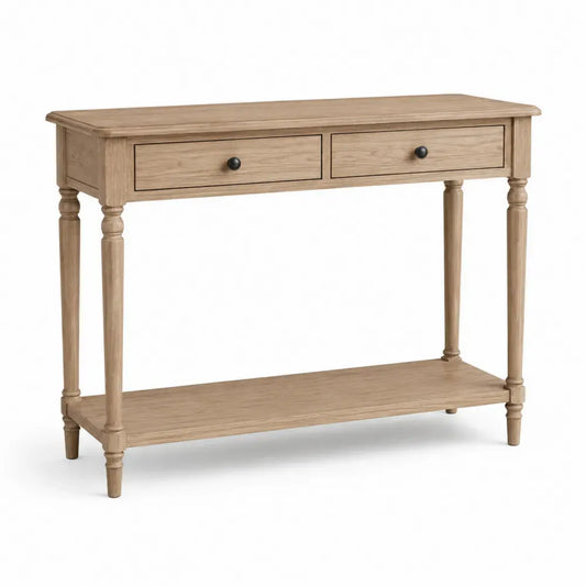 Konsolentisch aus Massivholz Eiche mit Schubladen und Regal, 100x30x80cm