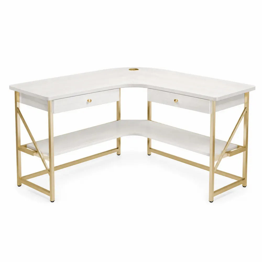 Eckschreibtisch mit MDF und Stahlgestell, Weiß/Gold