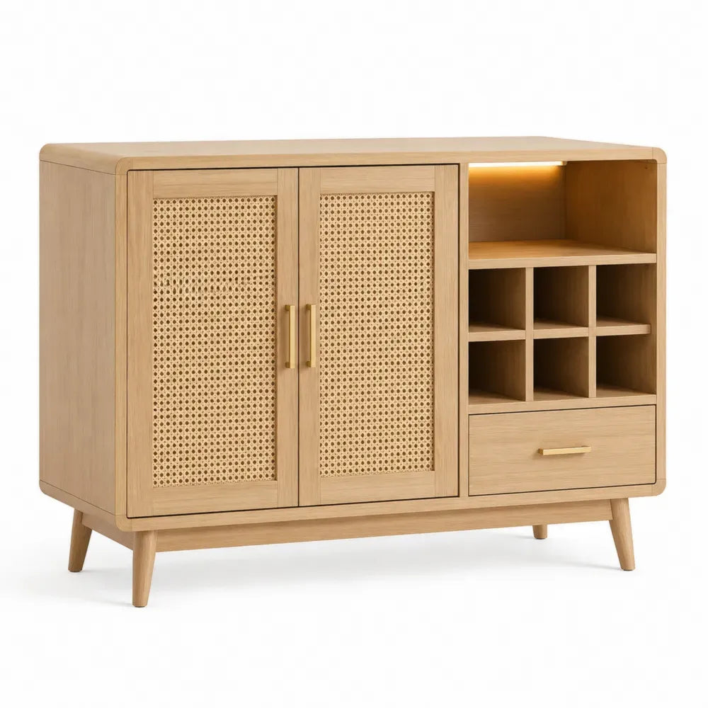 Sideboard aus Eichenholz mit Rattan-Türen und Schublade 90x40x80 cm