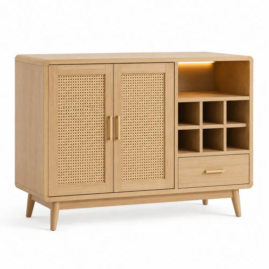 Sideboard aus Eichenholz mit Rattan-Türen und Schublade 90x40x80 cm