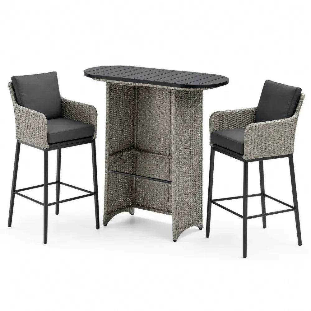Gartenbar-Set aus Polyrattan mit Kissen und Tisch, Grau/Schwarz