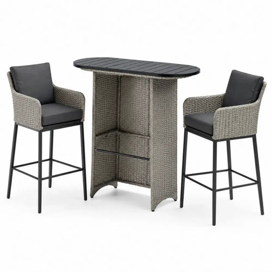 Gartenbar-Set aus Polyrattan mit Kissen und Tisch, Grau/Schwarz