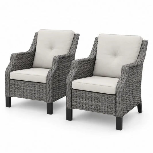 2er Set Gartenstühle aus Rattan mit beigen Kissen