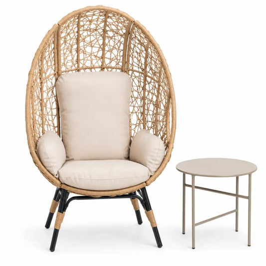 Rattan Gartensessel Set mit Tisch und Metallgestell, Beige