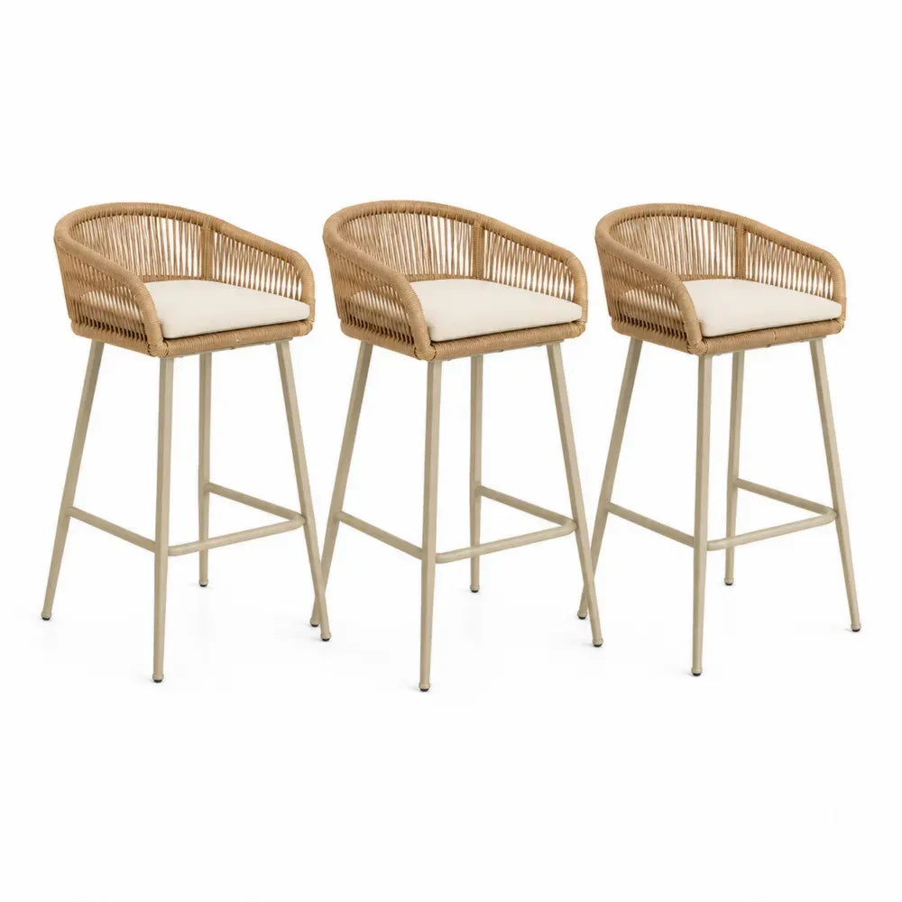 3-teiliges Barhocker-Set Rattan Beige Polsterung Stahlgestell