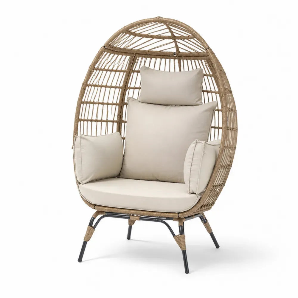 Outdoor Ei-Form Sessel aus Rattan mit Kissen und Stahlgestell, Beige