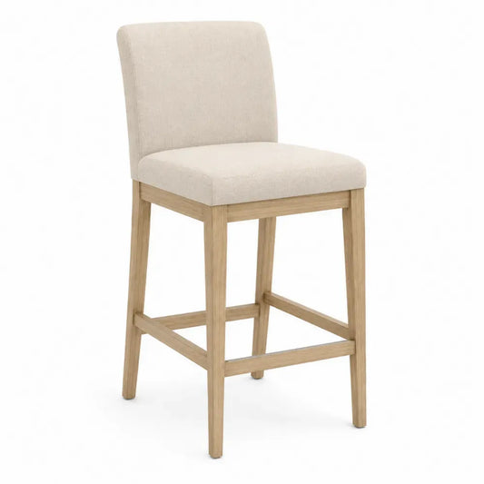 Barhocker mit Eichenholzgestell und Polyestergewebe in Beige