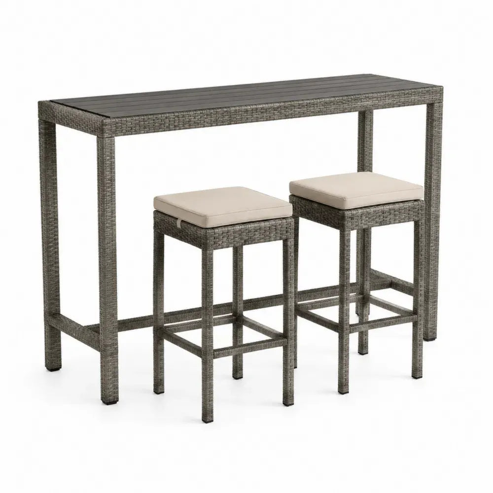 Gartenbar-Set aus Rattan mit Tisch und 2 Hockern, Grau und Beige