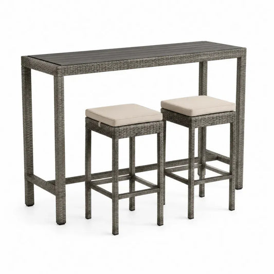 Gartenbar-Set aus Rattan mit Tisch und 2 Hockern, Grau und Beige