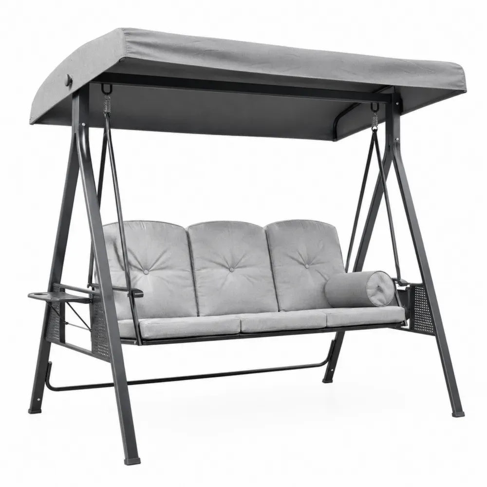 Garten Schaukelsitz 3-Sitzer mit Vordach Stahl Polyester Grau