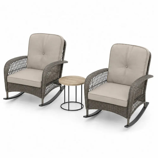 2er Set Schaukelstühle aus Stahl mit Rattan-Geflecht und Tisch aus Holz
