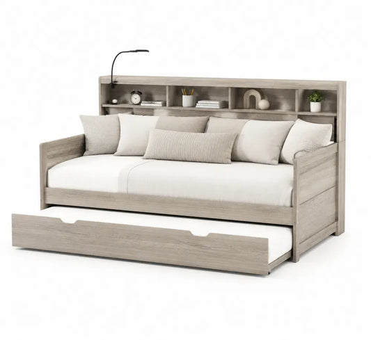 Holz Tagesbett mit Regale und ausziehbarem Bettkasten Beige 200x90cm