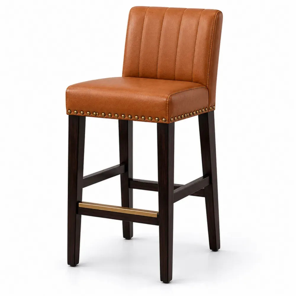 Barhocker aus PU-Leder mit Eichenholzrahmen, Braun