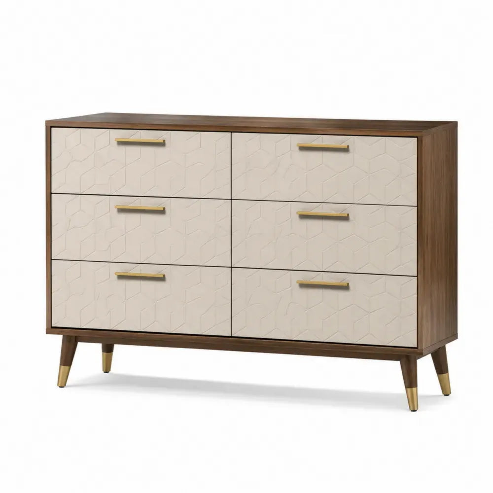 Holzkommode mit 6 Schubladen und Metallgriffen, Walnuss/Beige, 120x40x80 cm