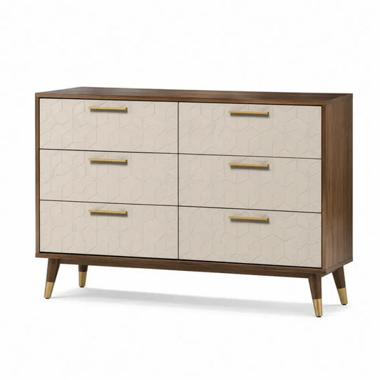 Holzkommode mit 6 Schubladen und Metallgriffen, Walnuss/Beige, 120x40x80 cm