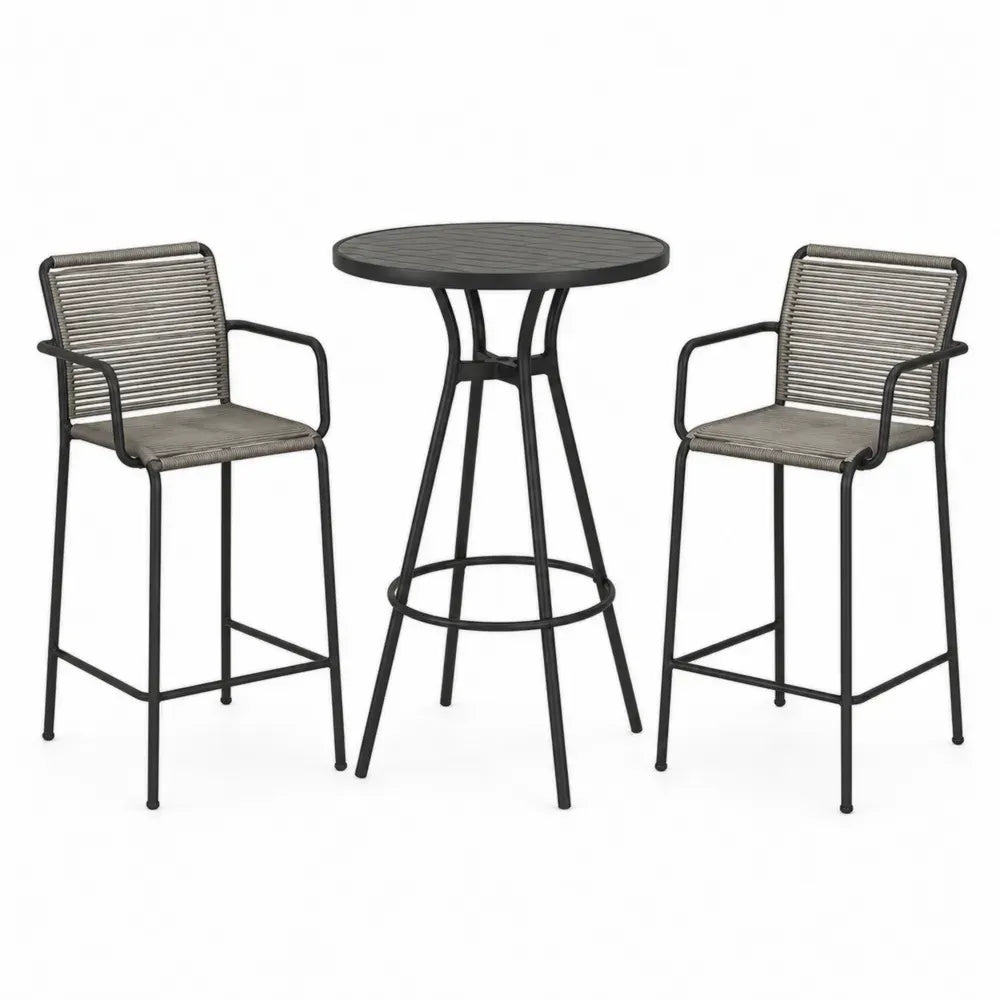 Outdoor-Barset mit rundem Tisch und 2 Barhockern aus Stahl und Polyethylen Grau/Schwarz