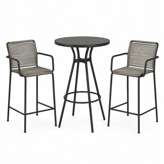 Outdoor-Barset mit rundem Tisch und 2 Barhockern aus Stahl und Polyethylen Grau/Schwarz